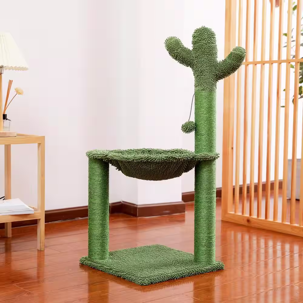 None 36.9 in. H Cat Tree Cat Scratching Post with Hammock Play Tower in Green