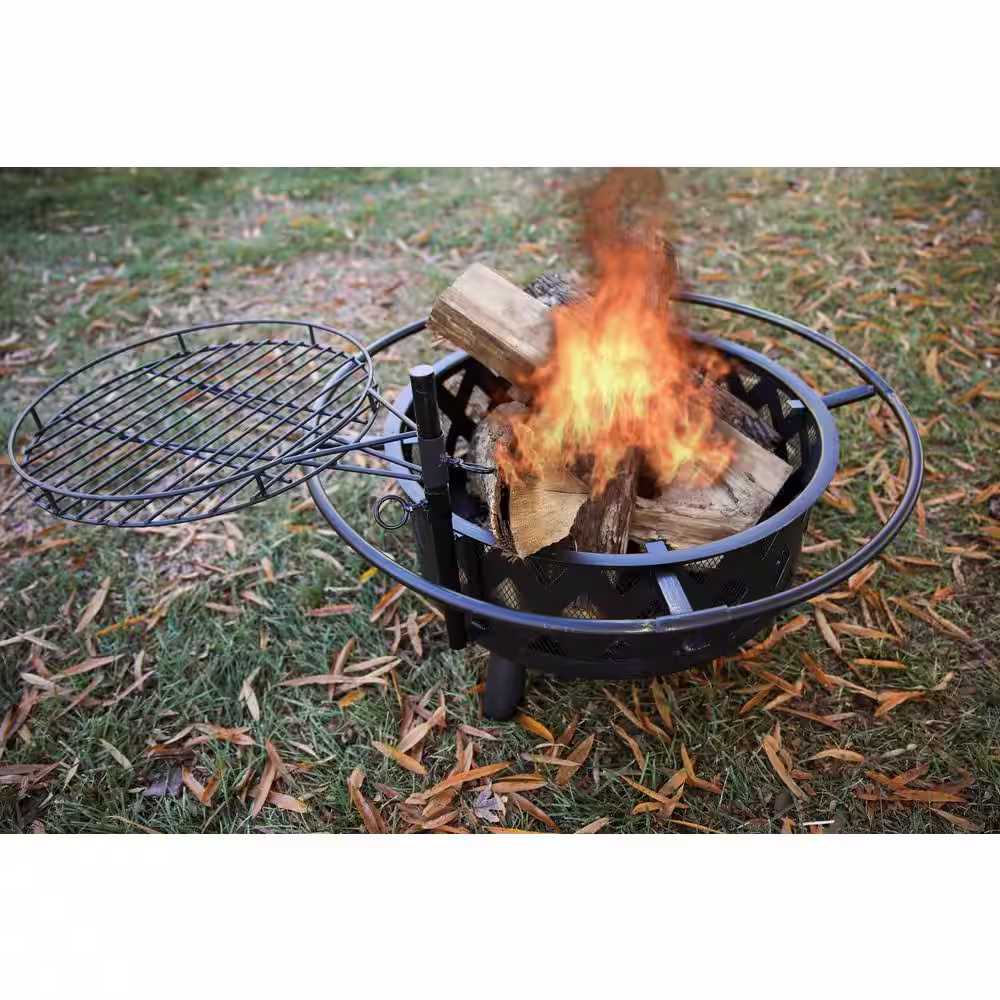 BLUEGRASS LIVING 30 in. Roadhouse Steel Deep Bowl Fire Pit with Swivel Height Adjustable Cooking Grid