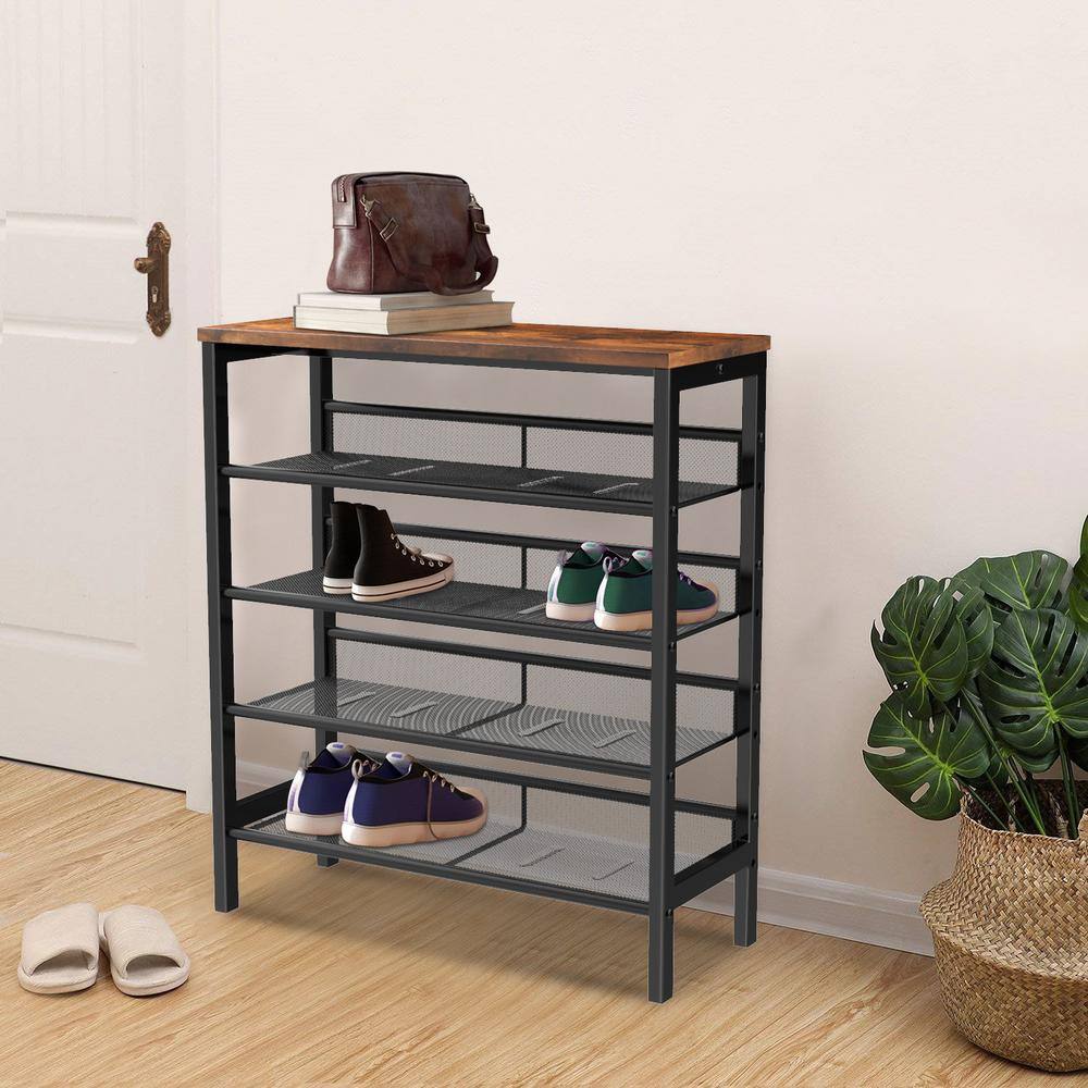 None 33.5 in. H 12-Pair Black Metal Frame Shoe Rack with Wooden Top