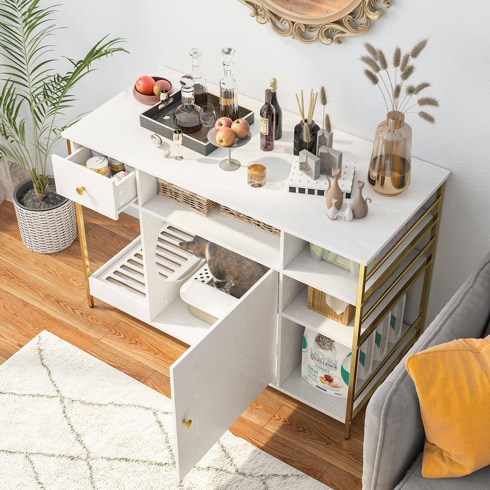 None 6 in 1 White Cat Hidden Litter Box with Drawer and Shelves, Wood Cat Litter Box Enclosure Furniture with Litter Catcher