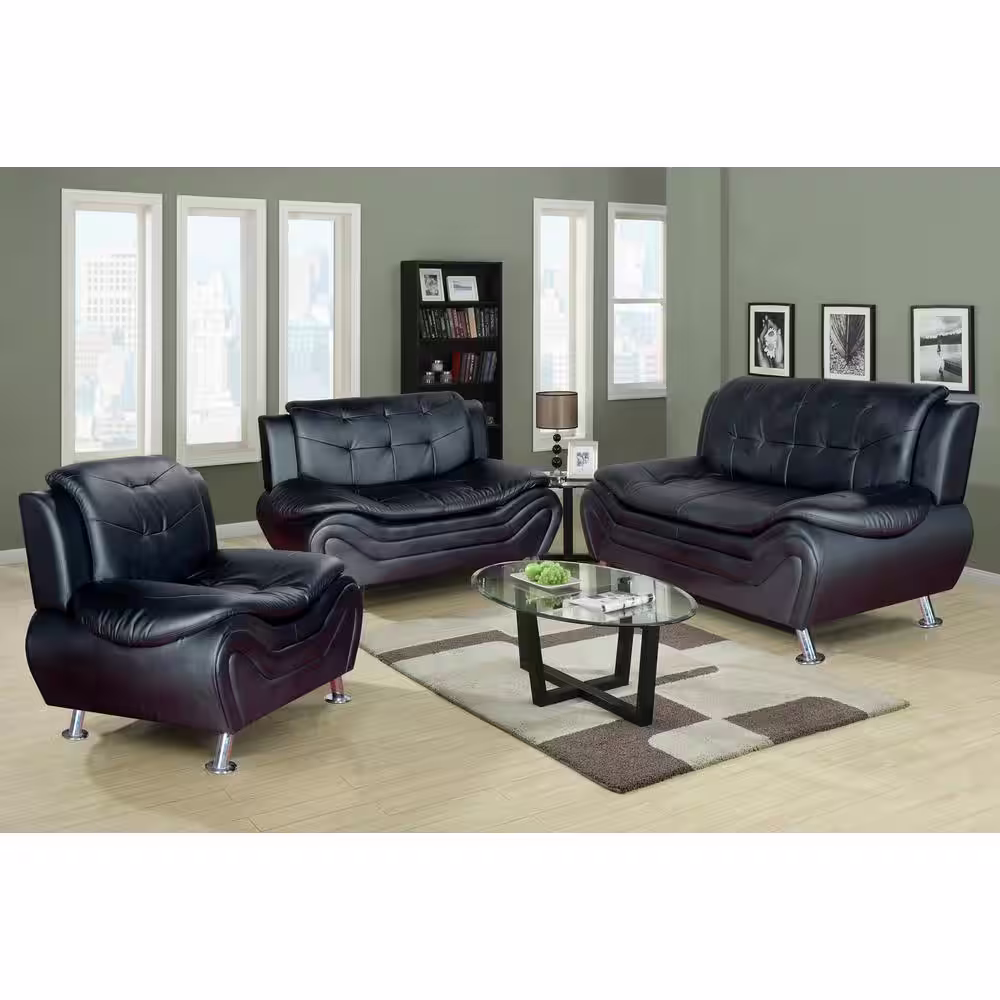 Star Home Living 3-Piece Black Leather Sofa Set