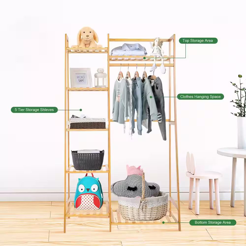 None Brown Bamboo Garment Clothes Rack with 5 Shelves 32 in. W x 55 in. H