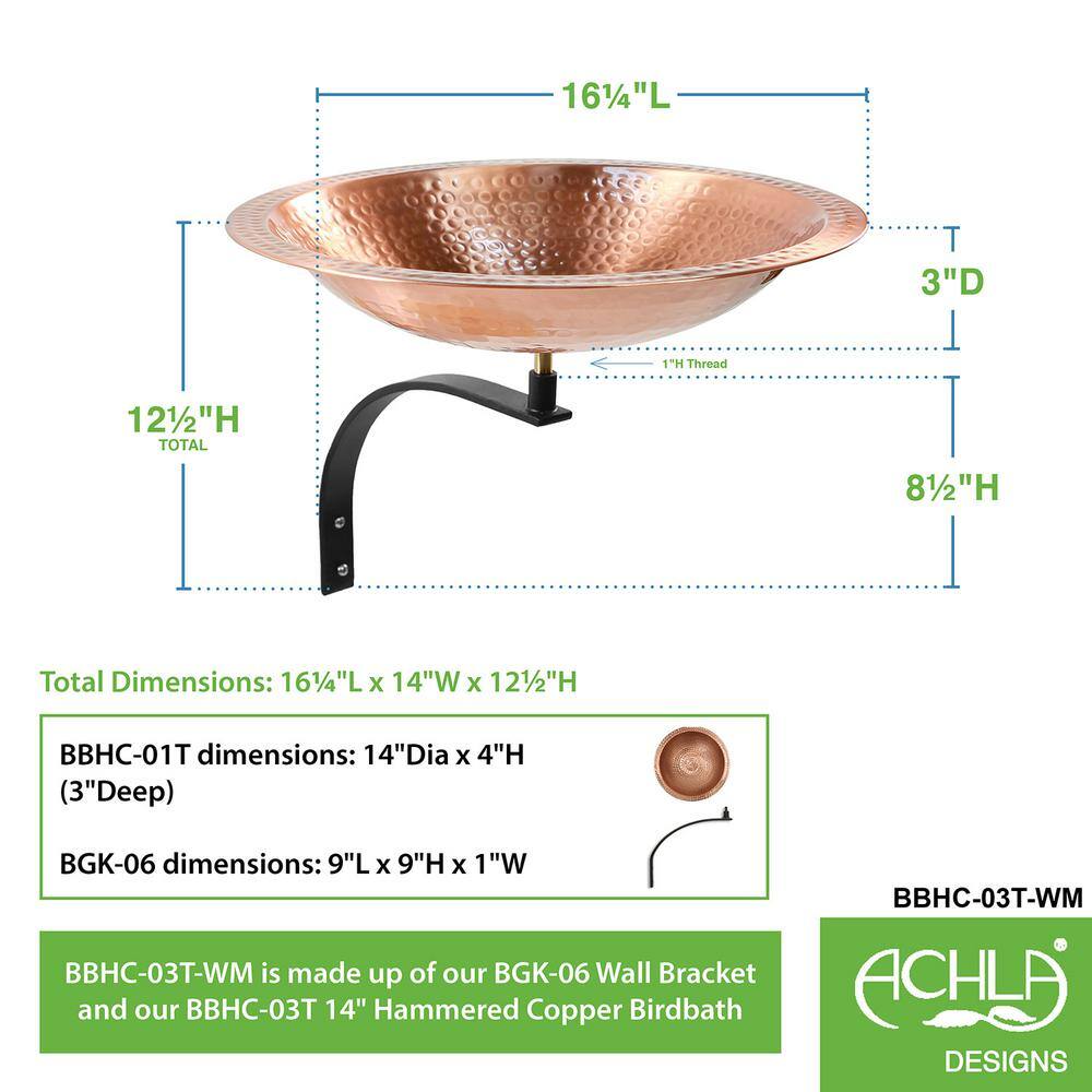 ACHLA DESIGNS 16 in. W Round Satin Hammered Solid Copper Birdbath Bowl with Black Wrought Iron Wall Mount Bracket