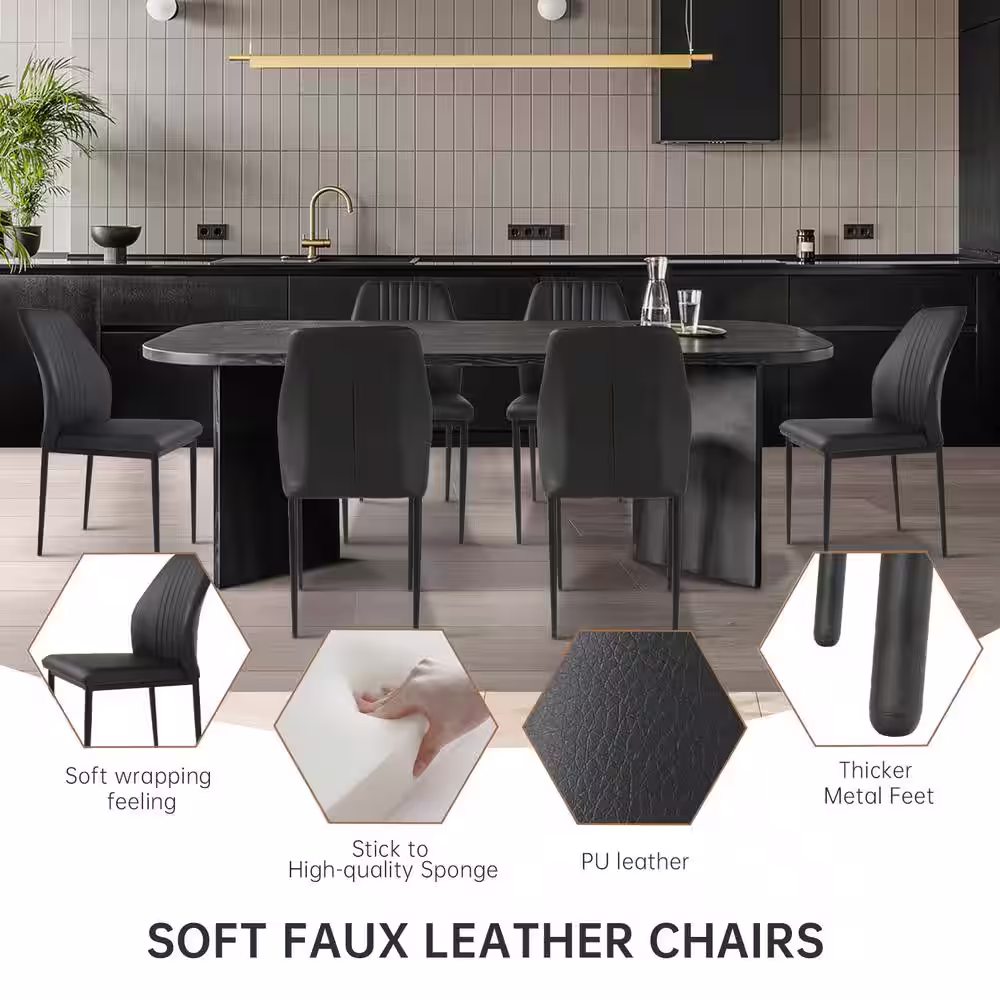 None 78.7 in. Rectangle Mid-Century Extendable Kitchen Table for Dining Room with 4 Steel Legs and 6 Black Solid Back Chairs