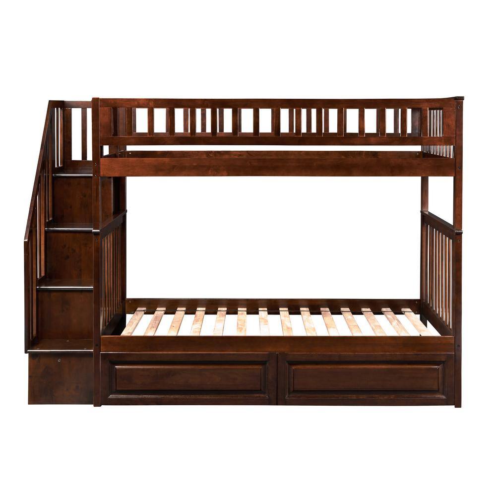 AFI Woodland Staircase Bunk Bed Twin over Twin with 2 Raised Panel Bed Drawers in Walnut