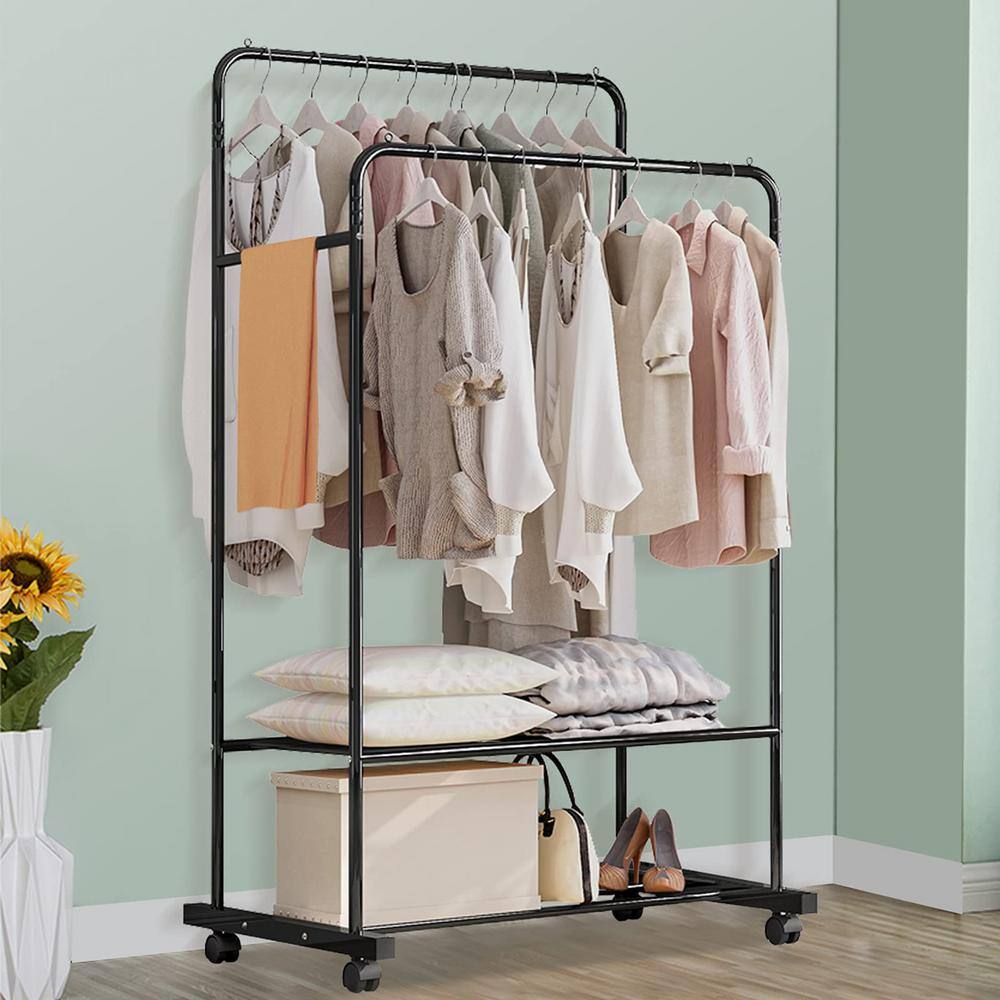 None Black Metal Garment Clothes Rack Double Rods 31.5 in. W x 63 in. H