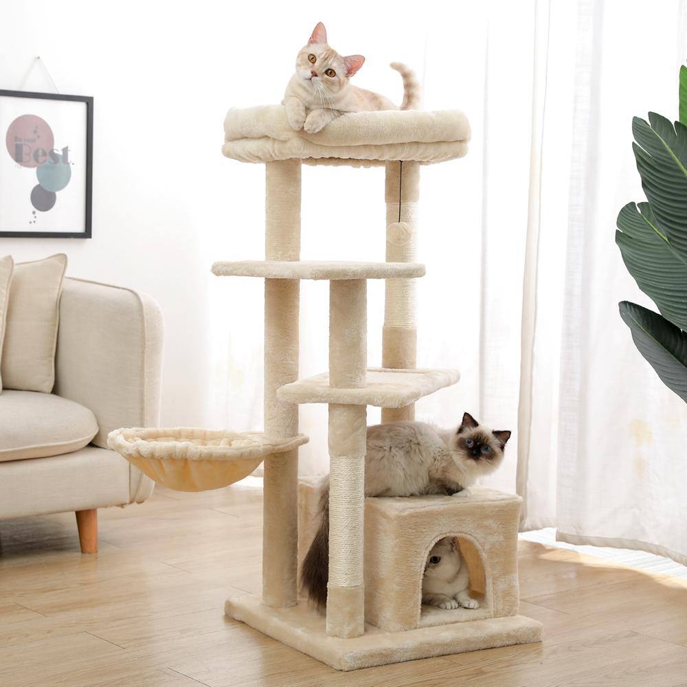 Foobrues 44.10 in. Pet Cats Scratching Posts and Trees and Spacious Condo, Cozy Hammock and Plush Top Perch in Beige