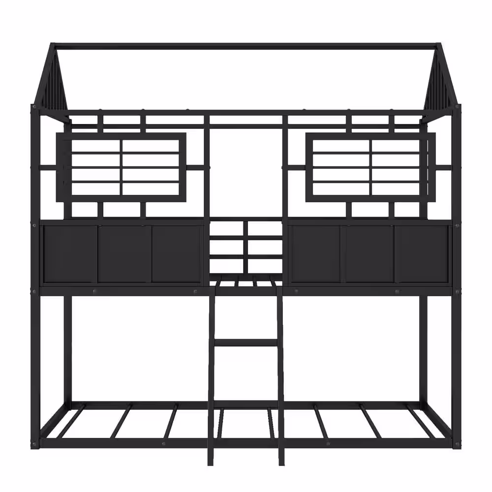 Harper & Bright Designs Black Twin over Twin Metal Bunk Bed with Roof and Fence-shaped Guardrail
