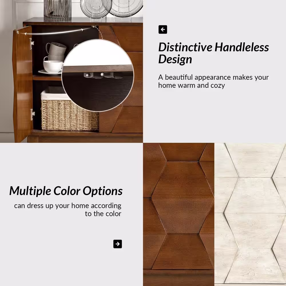 JAYDEN CREATION Kamis Modern Walnut 60 in. Hexagonal Embellishments Sideboard with Solid Wood Legs