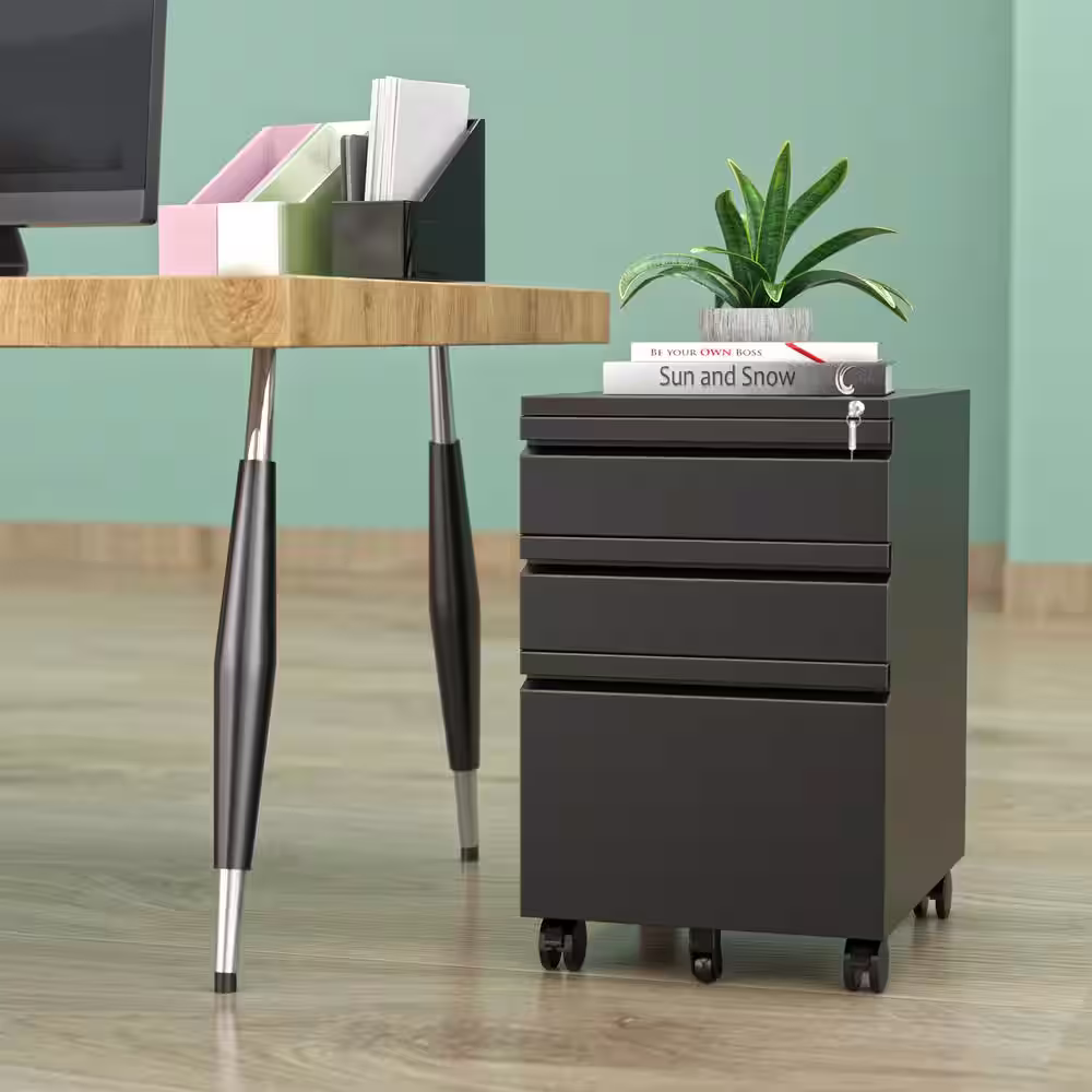 Mlezan Black Mobile File Cabinet 14.6 in. W x 17.7 in. D Letter/Legal Metal 3-Drawer with Lock on Wheels