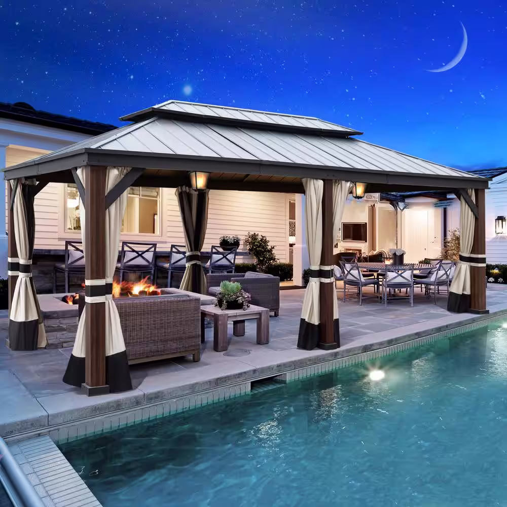 Mondawe 12 ft. x 20 ft. Outdoor Aluminium Frame Patio Gazebo Canopy Tent Shelter with Iron Hardtop Roof,Curtain Netiing Pavilion