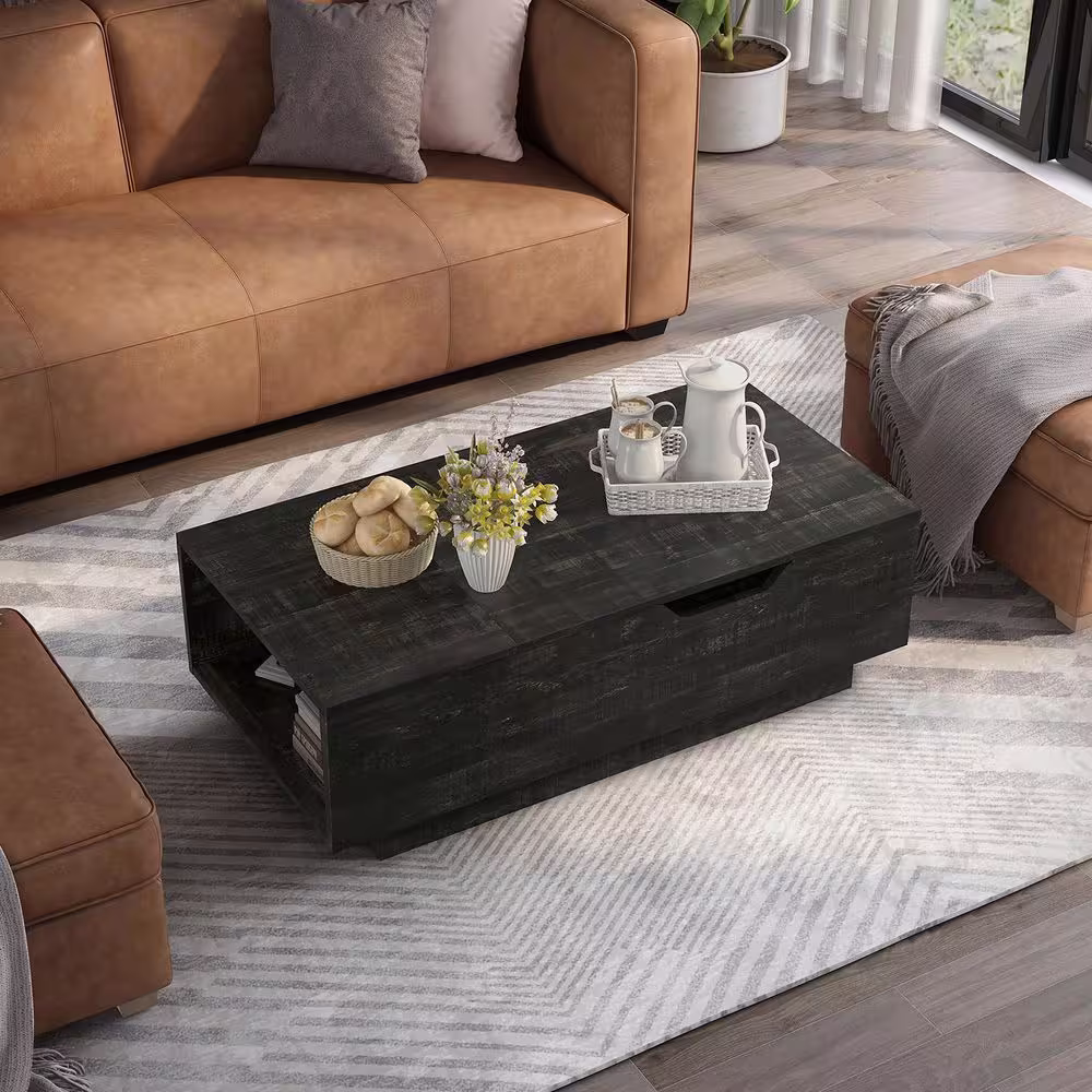 Furniture of America Opher 47.32 in. Reclaimed Black Oak Rectangle Wood Coffee Table with Lift Top