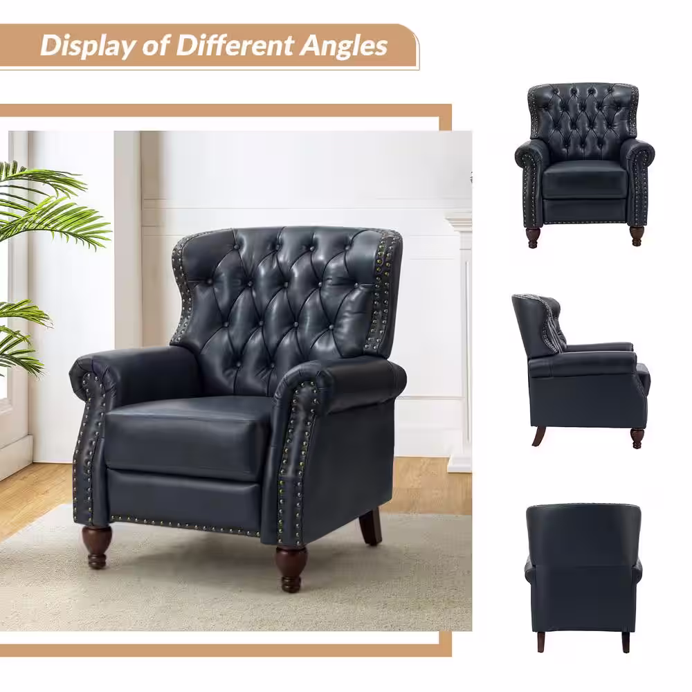 JAYDEN CREATION Isabel Navy Genuine Leather Recliner with Tufted Back and Rolled Arms