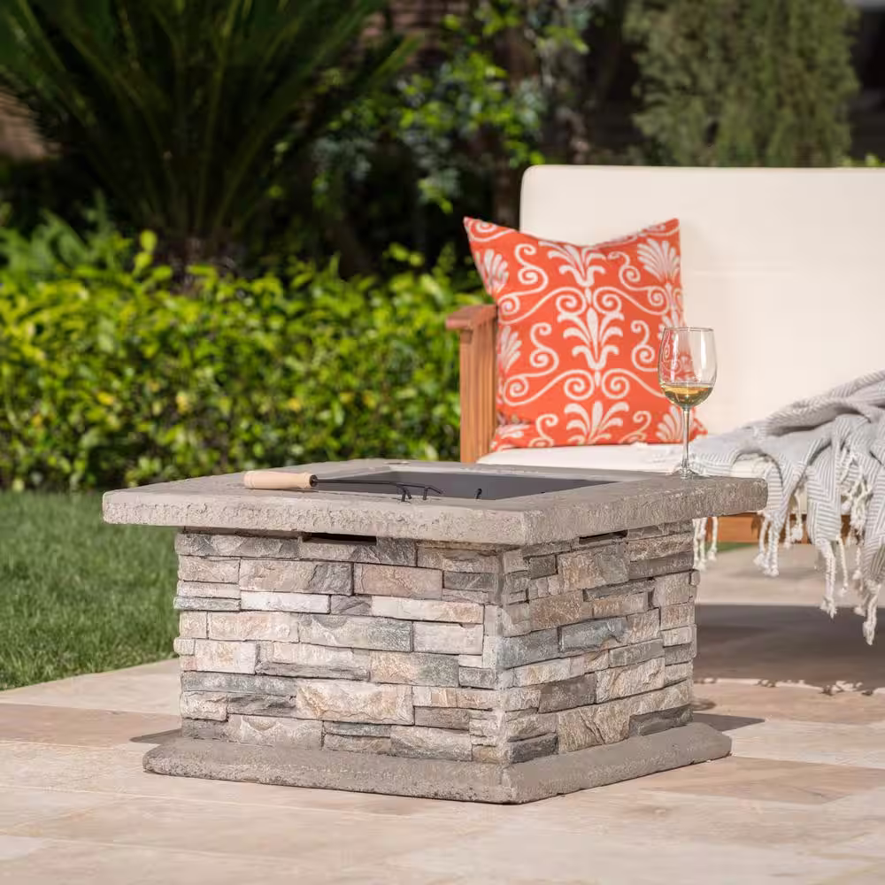 Noble House Crestline 29.00 in. x 17.10 in. Square Natural Stone Fire Pit