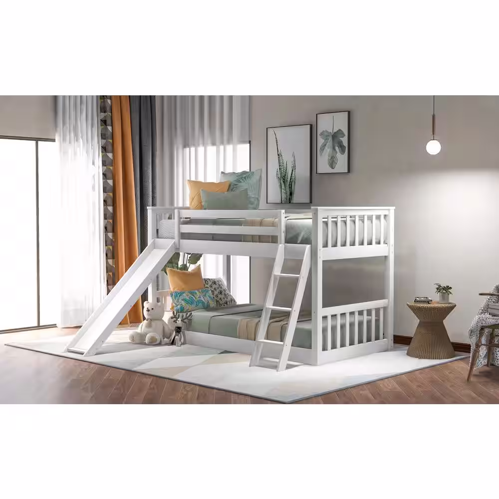 Harper & Bright Designs White Solid Wood Twin Over Twin Bunk Bed with Slide and Ladder