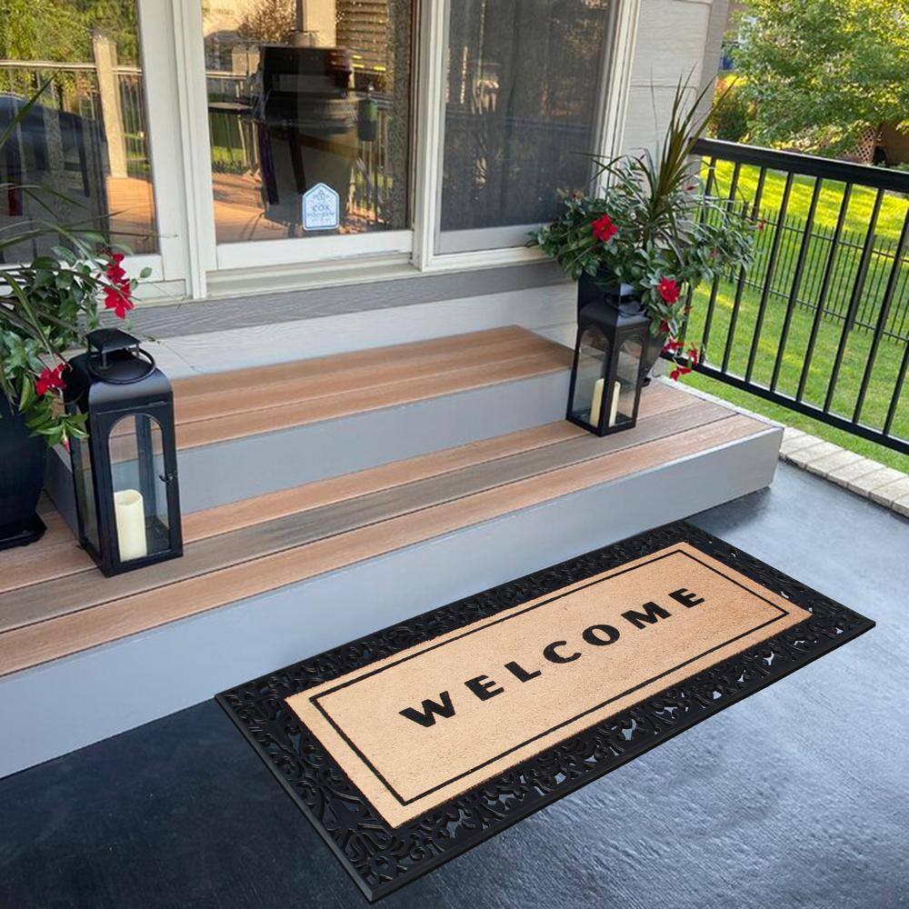 A1 Home Collections A1HC Welcome Flocked Entrance Door Mats Black/Beige 30 in. x 60 in. Rubber & Coir, Heavy Duty, Extra Large Size Doormat