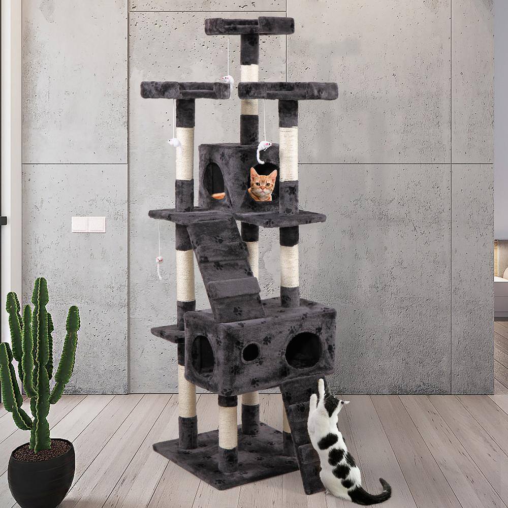 COZIWOW 67 in. Grey with Paw Print Cat Tree Tower Kitten Condo House