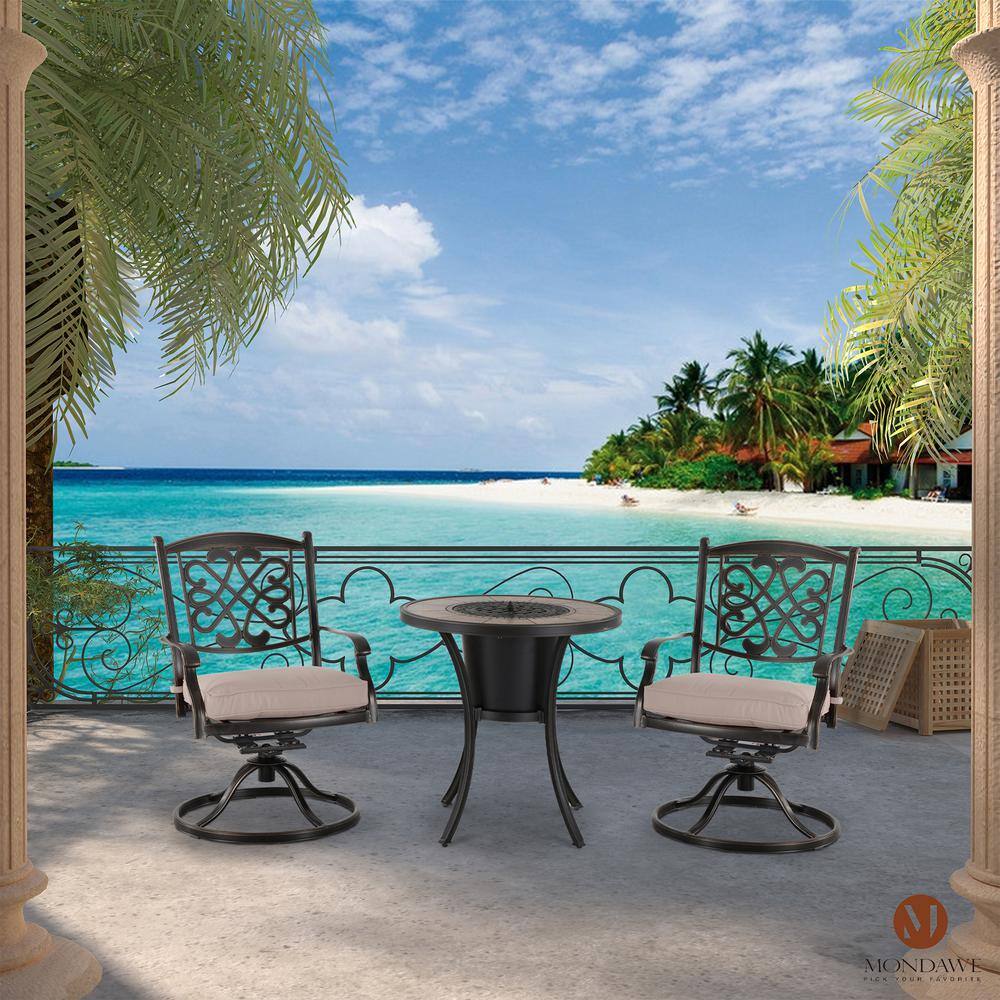 Mondawe 3-Piece Cast Aluminum Outdoor Bistro Set Dining Chair with Beige Cushions & Round Table with Ice Bucket
