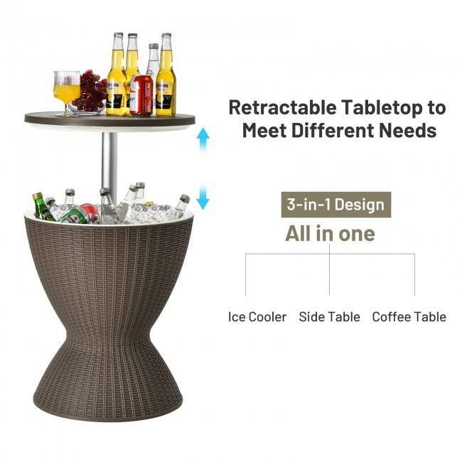 None 8 Gal. 32qt. 3-in-1 Patio Rattan Cooler Bar Table with Adjust Ice Bucket