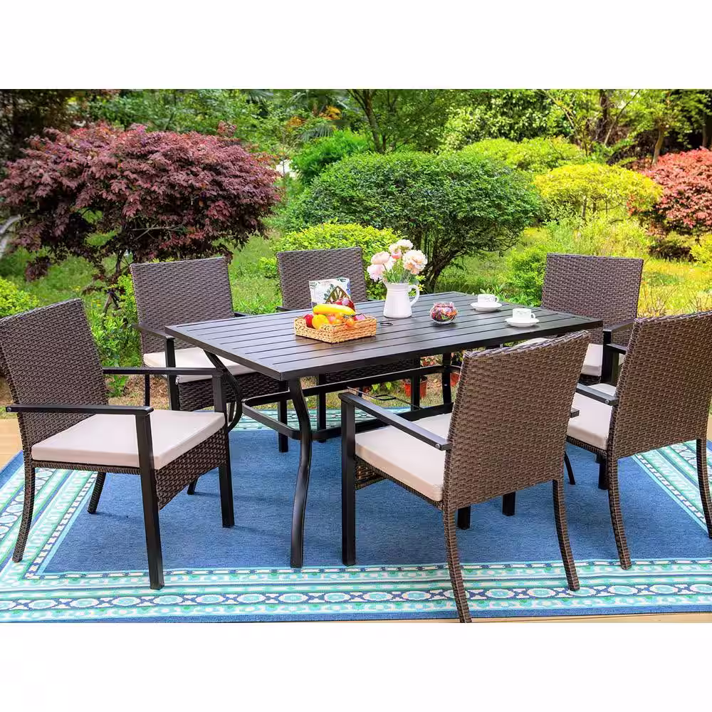 None Black 7-Piece Metal Slat Rectangle Table Patio Outdoor Dining Set with Rattan Chairs with Beige Cushion