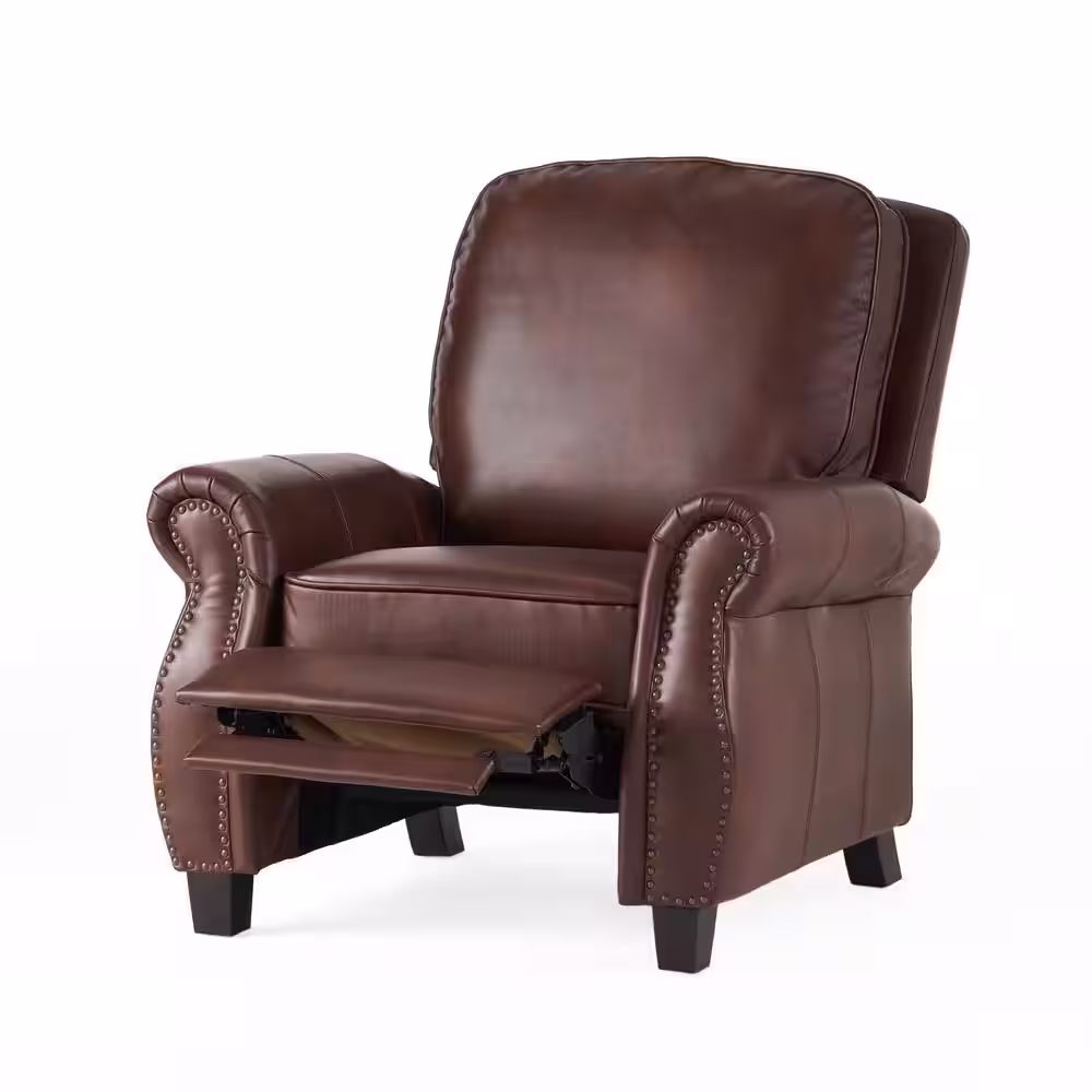 Noble House Neville 37 in. Width Big and Tall Brown Faux Leather Nailhead Trim Club Recliner