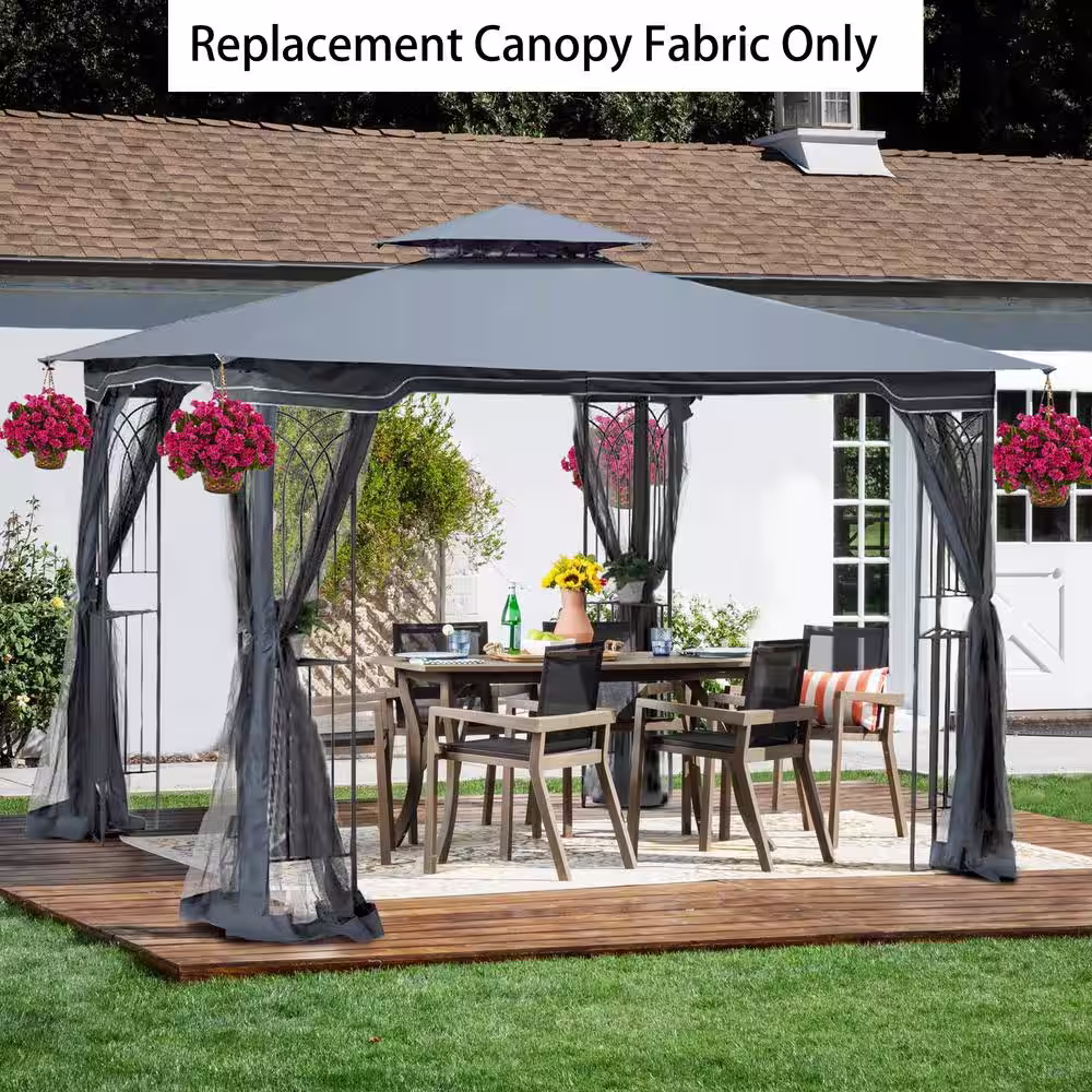 None 10 ft. x 10 ft. Patio Double Roof Gazebo Replacement Canopy Top Fabric in Gray