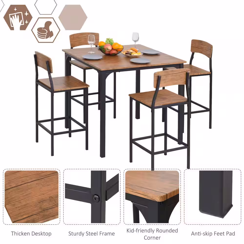 HOMCOM 5-Piece Walnut Counter-Height Dining Table Set with Footrests and Metal Legs