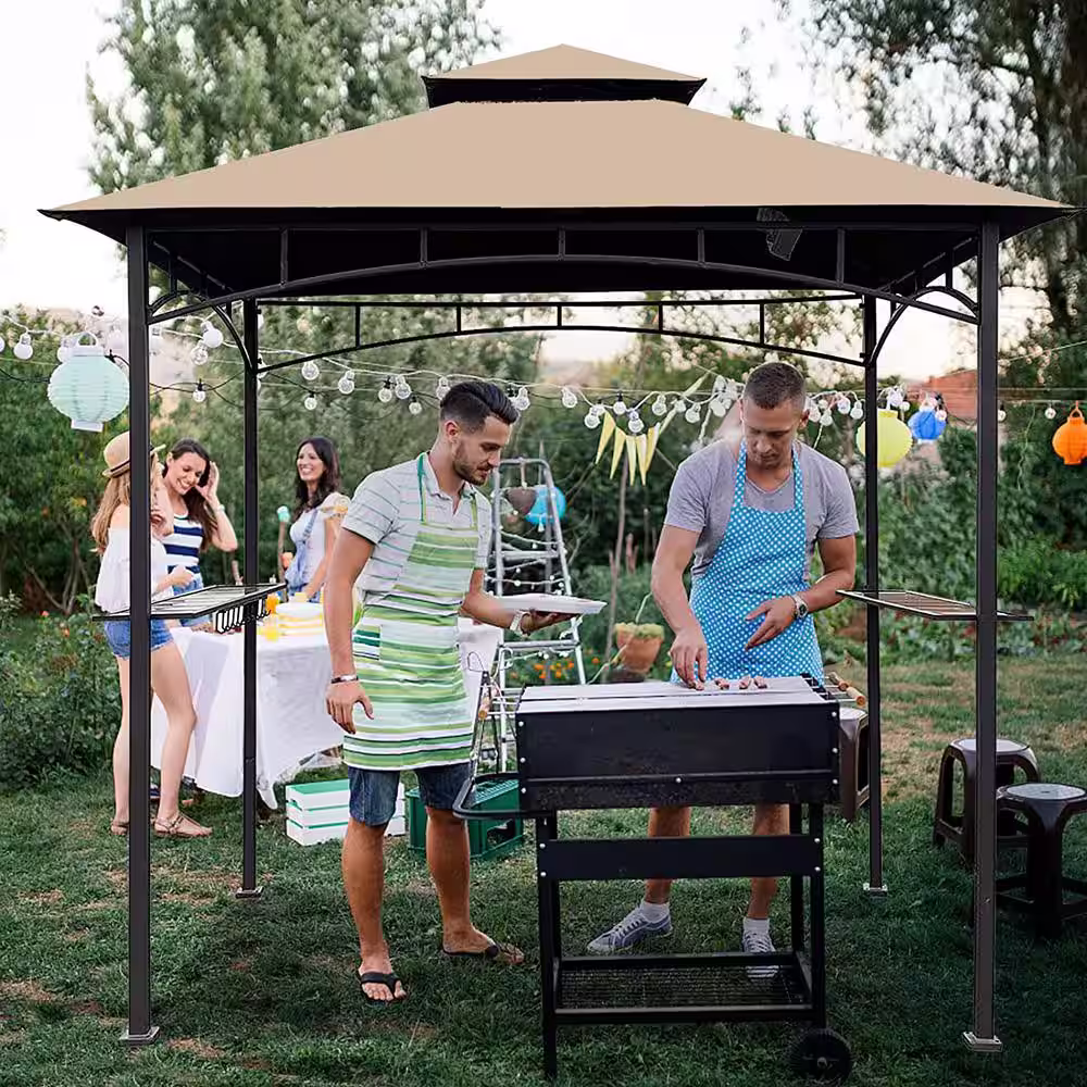None 8 ft. x 5 ft. Outdoor Grill Gazebo Canopy Replacement Gazebo Roof Double Tiered Outdoor BBQ Roof Cover, Beige