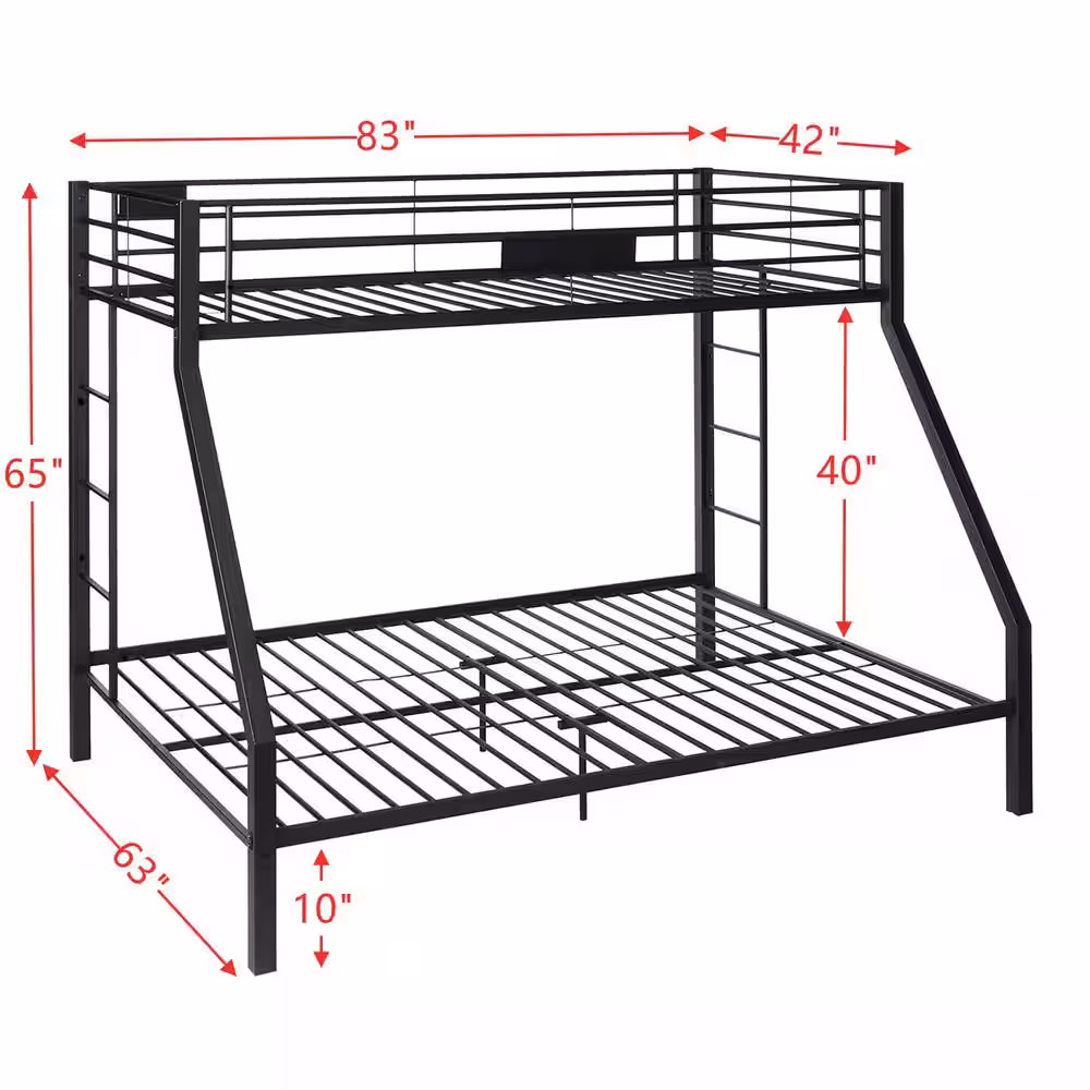 None Modern Black XL Twin Over Queen Bunk Bed, Sturdy Metal Bunk Bed Frame with 2 Ladders, Safety Rails and Metal Slats
