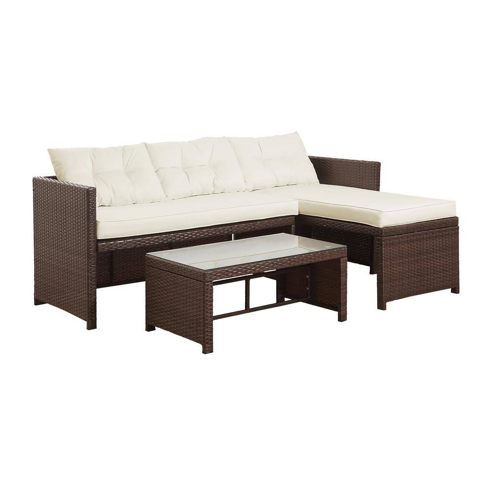Teamson Home 3 Pieces Wicker Sectional Conversation Set with Cushions - Brown and White