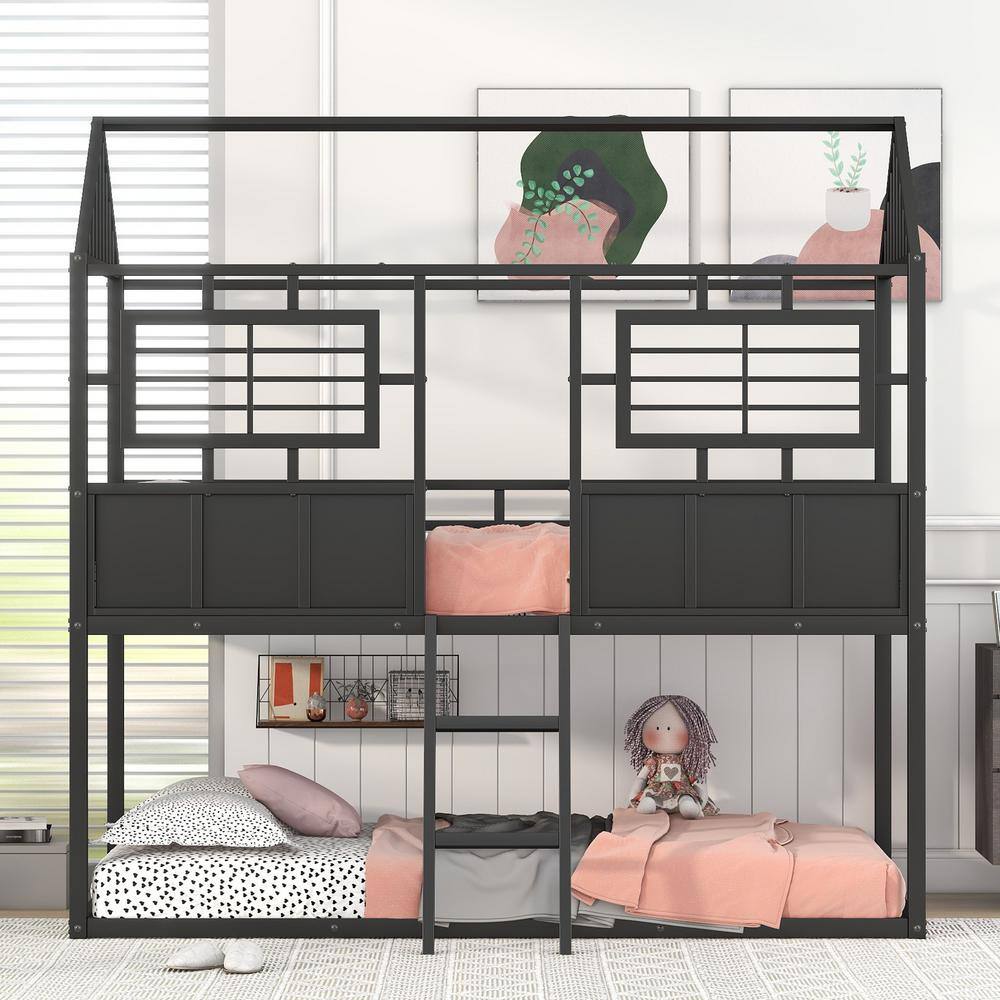 Harper & Bright Designs Black Twin over Twin Metal Bunk Bed with Roof and Fence-shaped Guardrail