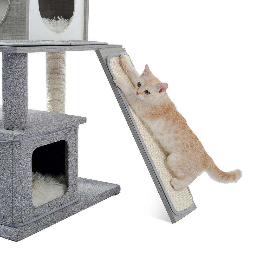 ANGELES HOME 62 in. Gray Cat Tree Multi-level large play tower, playhouse with apartment, hanging toys - Gray