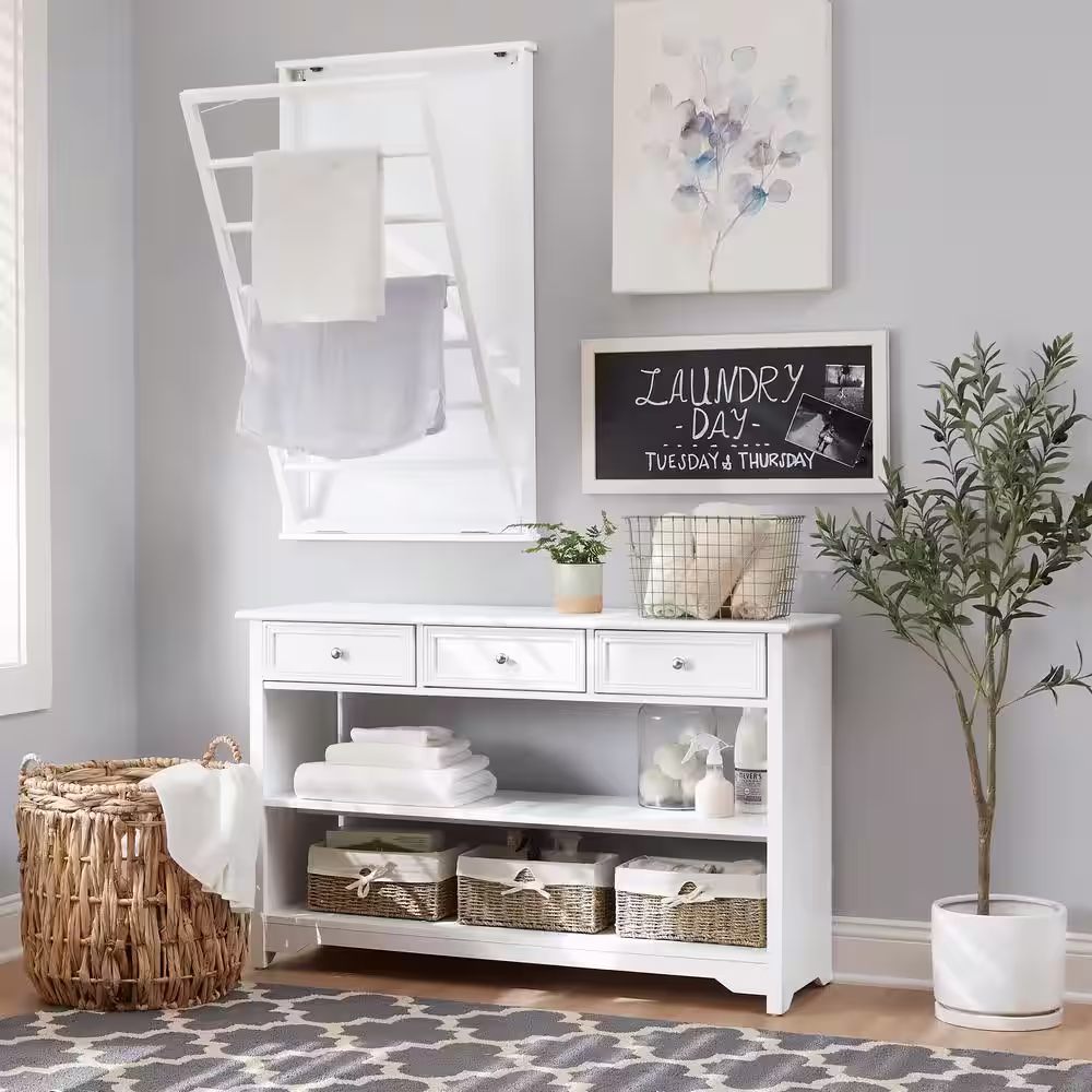 StyleWell 27 in. H x 24 in. W x 2 in. D White Wood Collapsible Laundry Wall Rack