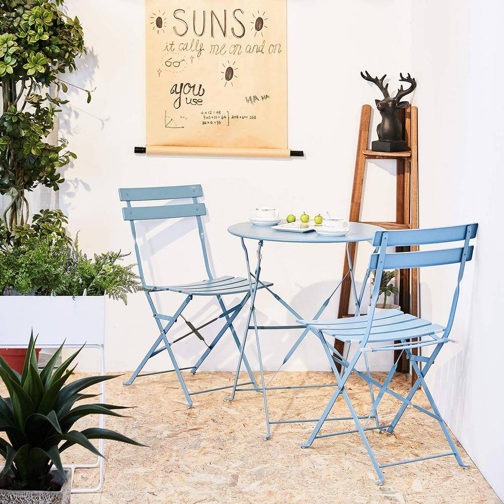 None Blue 3-Piece Metal Outdoor Bistro Set, Outdoor bar Table and Chairs Set