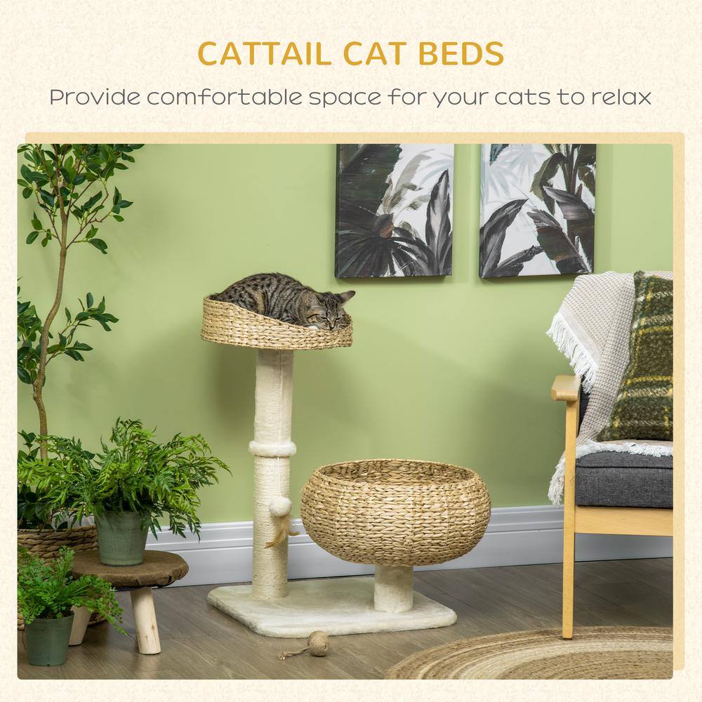 PawHut Cat Tree, Kitty Activity Center, Cat Climbing Toy with Cattail Beds Sisal Scratching Post Ball Toy, Beige