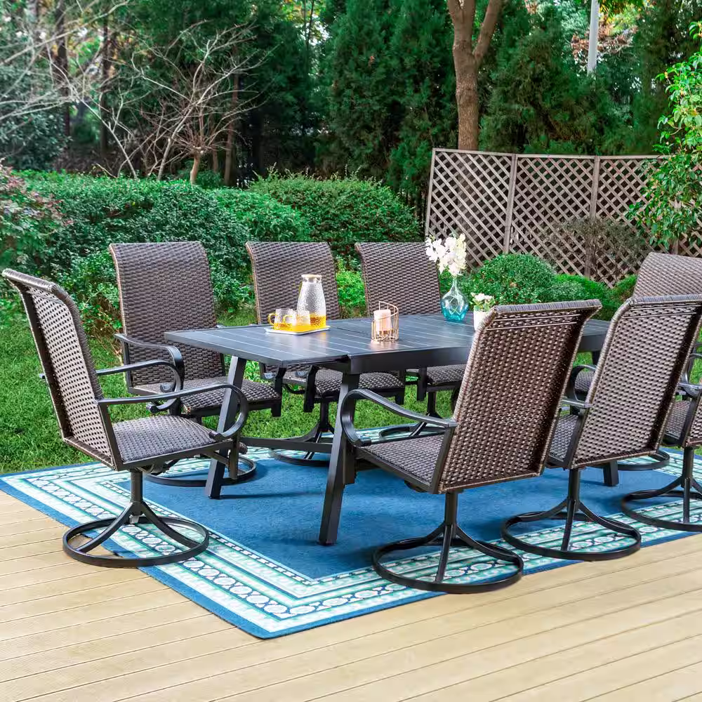 None 9-Piece Metal Outdoor Dining Set with Extensible Rectangular Slat Table and Brown Rattan Swivel Chairs