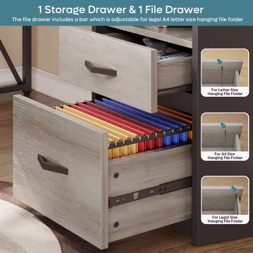 Bestier 55.7 in. Retro Grey Oak Light 2 Drawer L-Shaped Computer Desk with Lift-Top