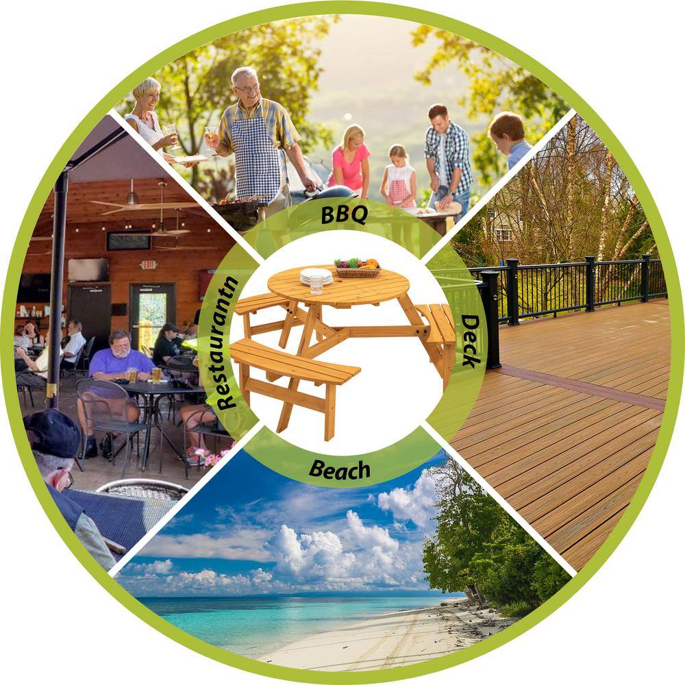 None 6-Person Round Natural Wood 27.55 in. H Outdoor Dining Table with Seat Picnic Table