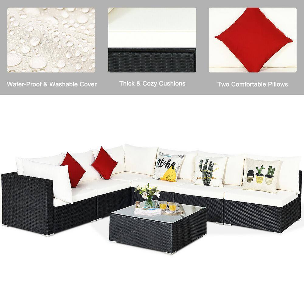 None 7-Piece Rattan Patio Conversation Sectional Furniture Set w/White/Navy Cushion Pillow