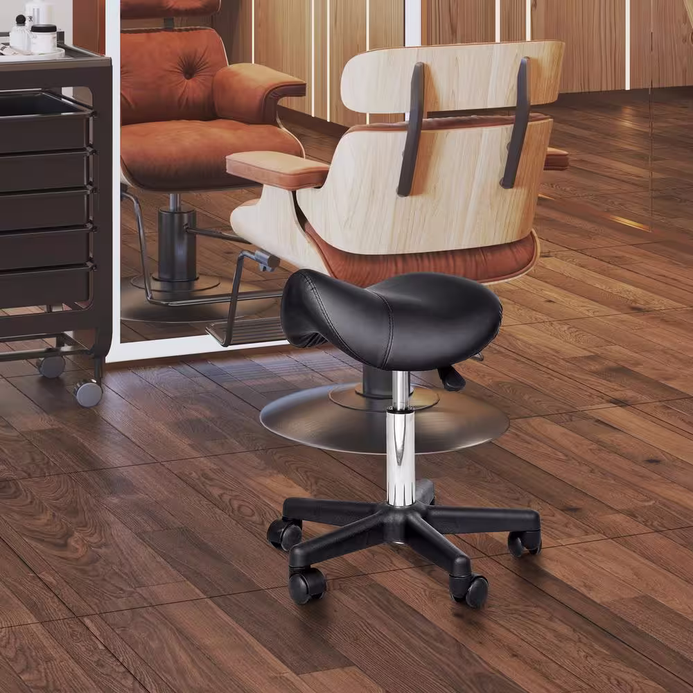 HOMCOM Rolling Black Saddle Stool, Swivel Salon Chair, Ergonomic Faux Leather Stool, Adjustable Height with Wheels