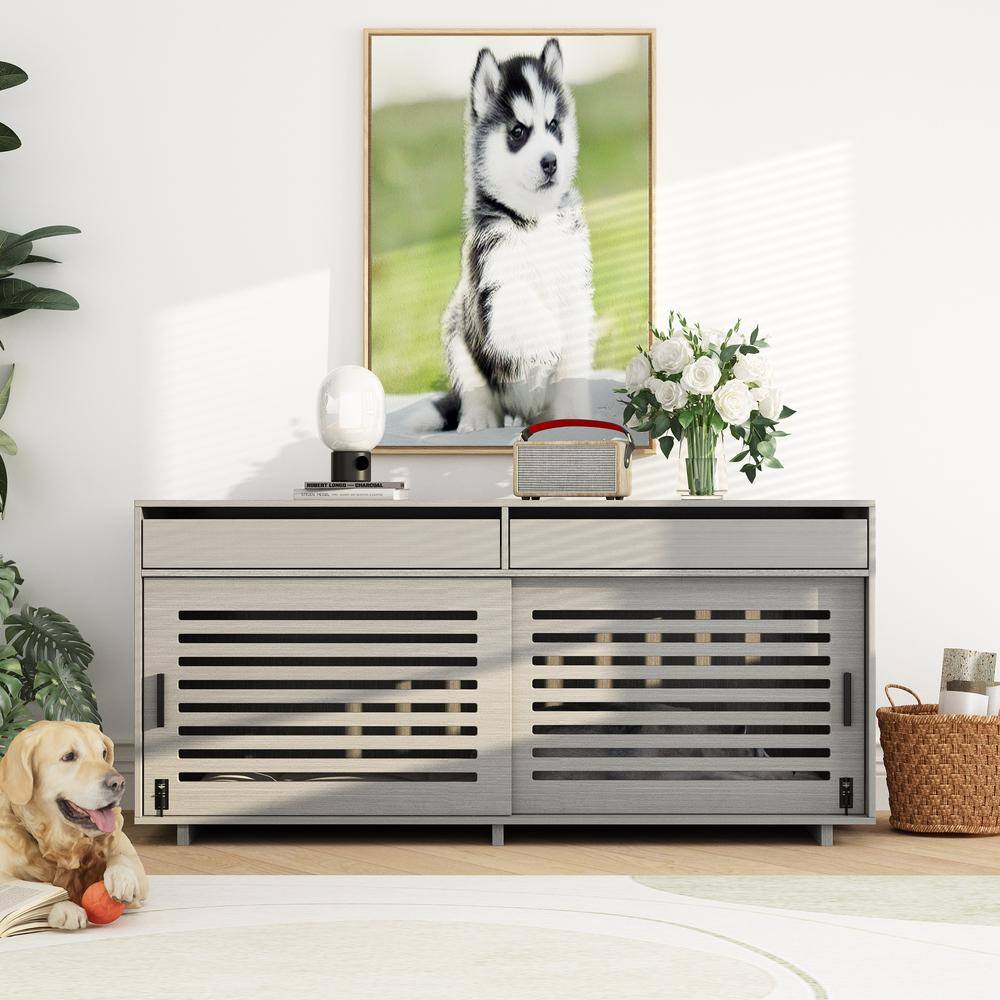 FUFU&GAGA Gray Dog Cage Furniture, Wooden Dog Crate Kennel with 2 Drawers and Divider, Heavy Duty Dog Crate for Small Medium Dogs