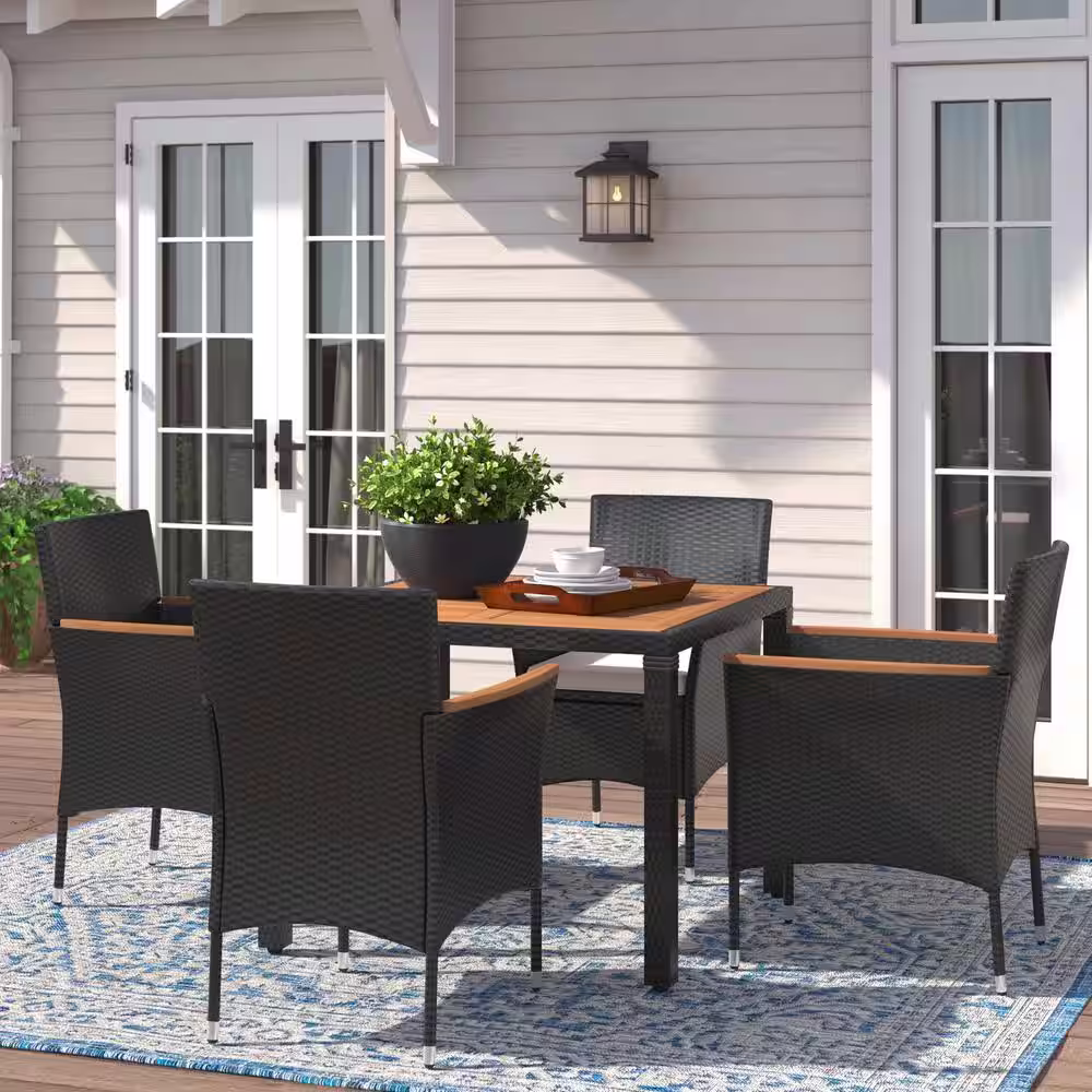 Tozey 5-Piece Acacia Wood and Wicker Outdoor Dining Set with Beige Cushions
