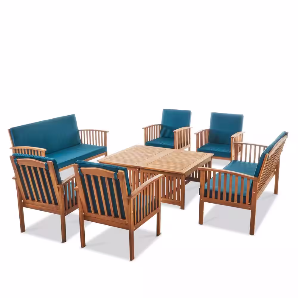 Noble House Thalia Brown 8-Piece Wood Patio Conversation Set with Dark Teal Cushions