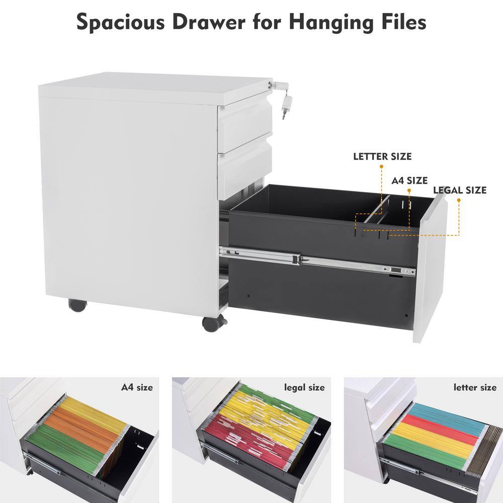 Mlezan White Mobile File Cabinet 14.6 in. W x 17.7 in. D Letter/Legal Metal 3-Drawer with Lock on Wheels