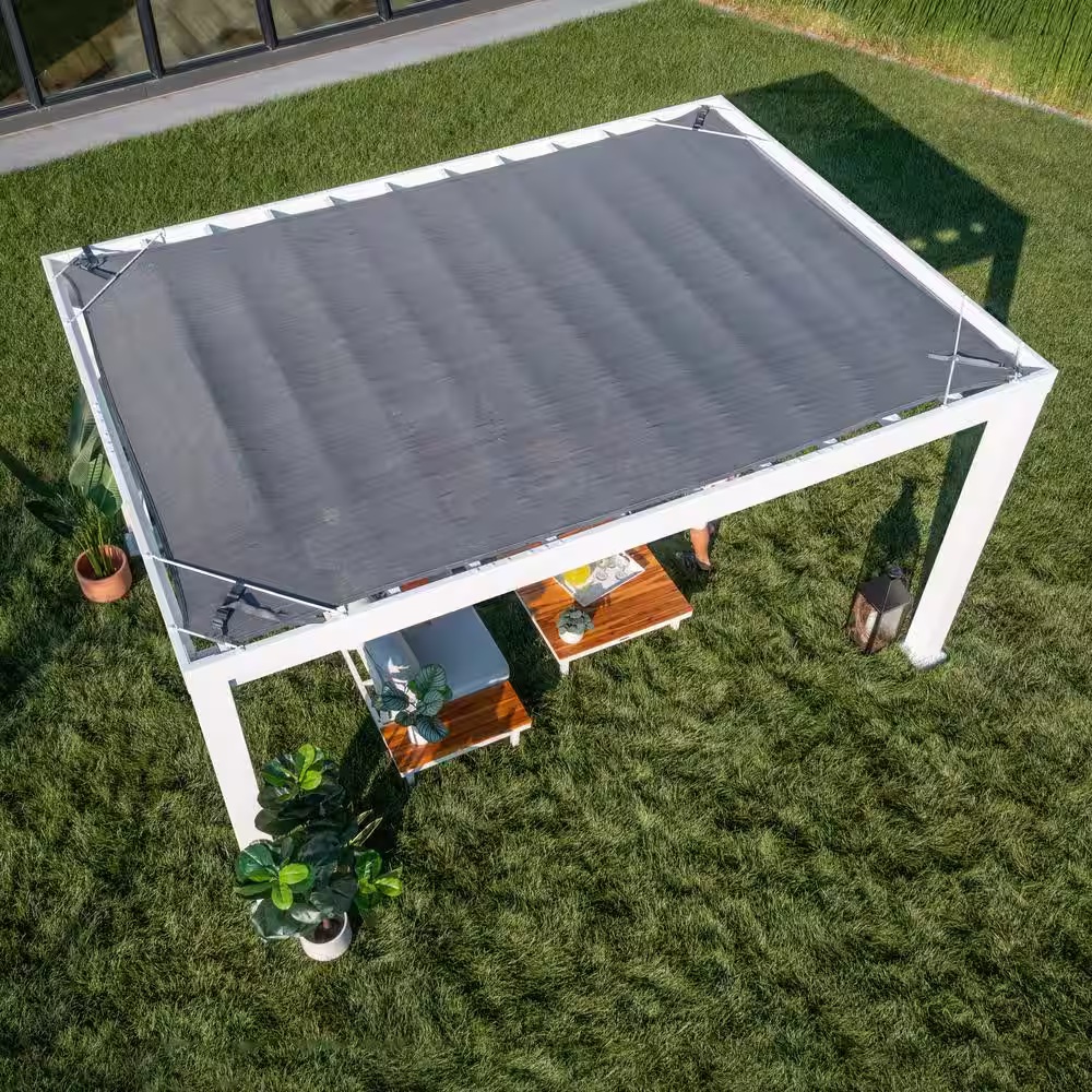 Backyard Discovery Windham 14 ft. x 10 ft. White Steel Modern Pergola with Sail Shade Soft Canopy