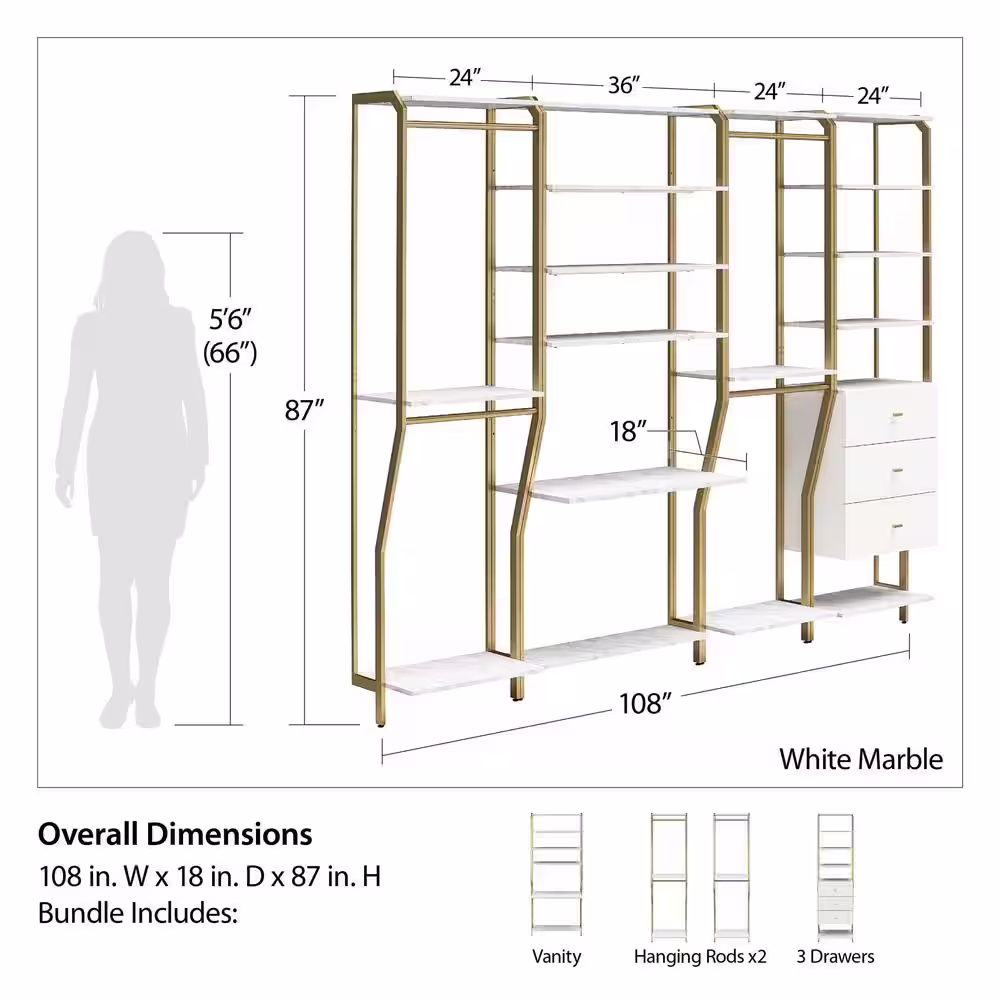CosmoLiving by Cosmopolitan Gwyneth 108 in. W Wall Mount Adjustable Wood Closet System 4 Piece Bundle-2 Hanging Rod, 1 Vanity & 1 Drawer Unit, White