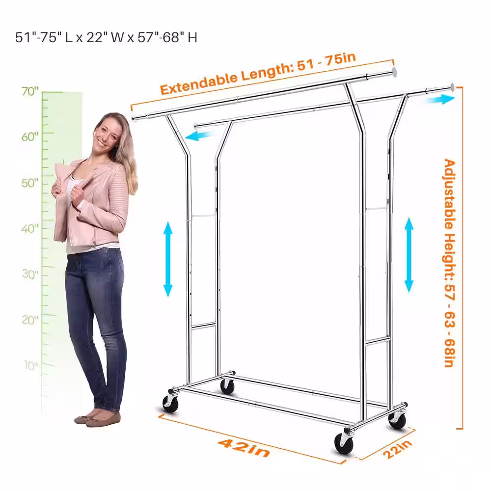 None Chrome Metal Garment Clothes Rack Double Rods 42 in. W x 68 in. H