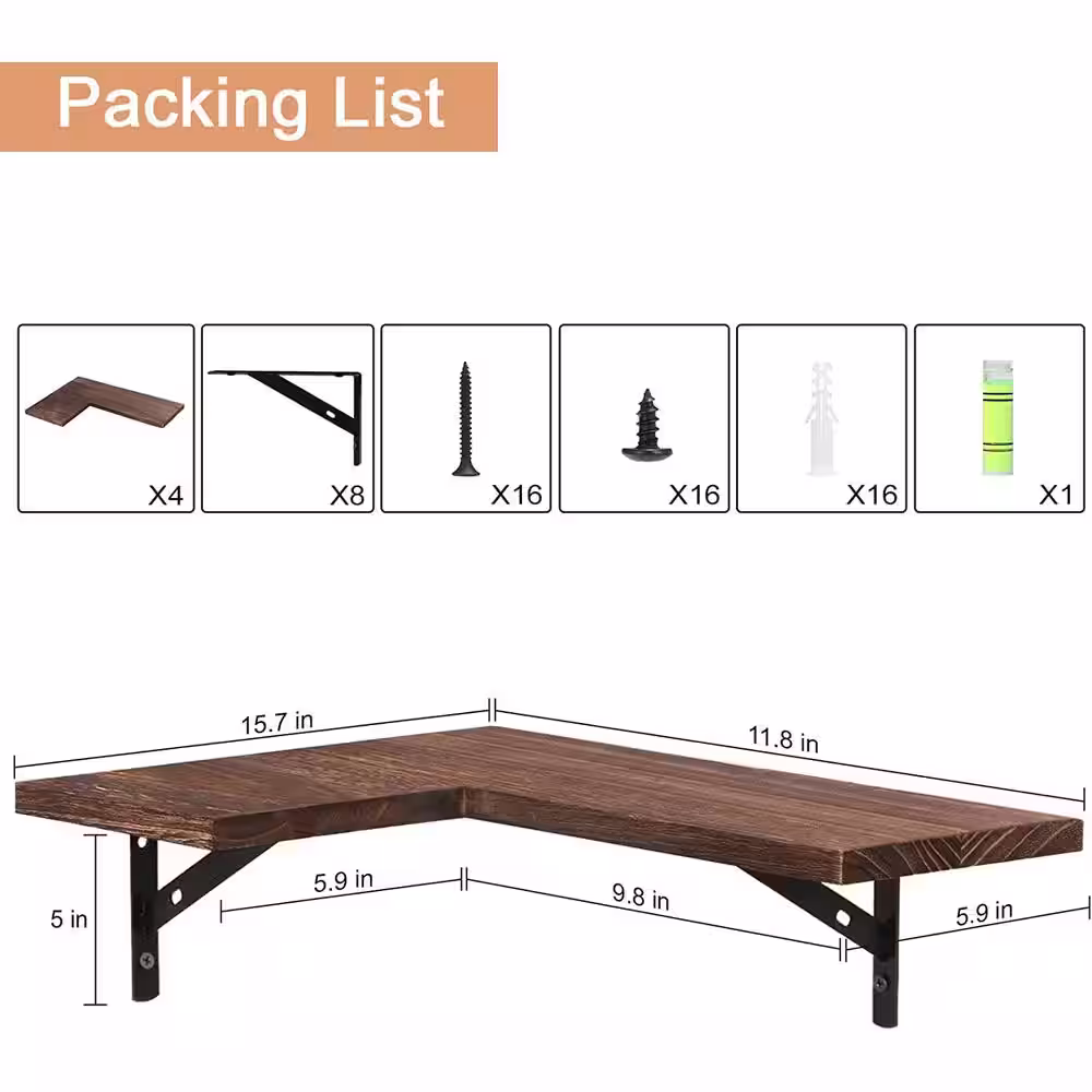 None Wall Mounted Rustic Brown Wood Wall Shelves, Corner Floating Shelves Set of 4