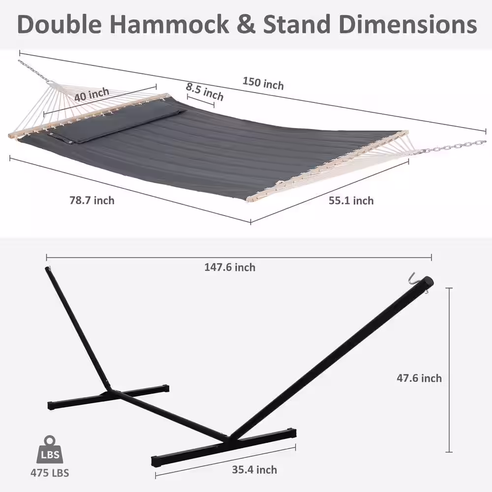 Atesun 12 ft. Free Standing, 475 lbs. Capacity, Heavy-Duty 2-Person Hammock with Stand and Detachable Pillow in Dark Grey