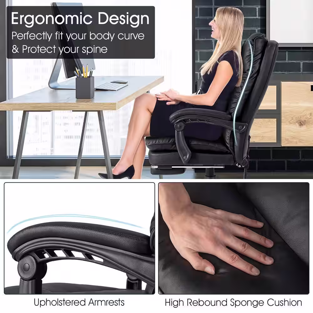 None Faux Leather High Back Reclining Office Chair Ergonomic Computer Desk Chair in Black with Footrest and Pad